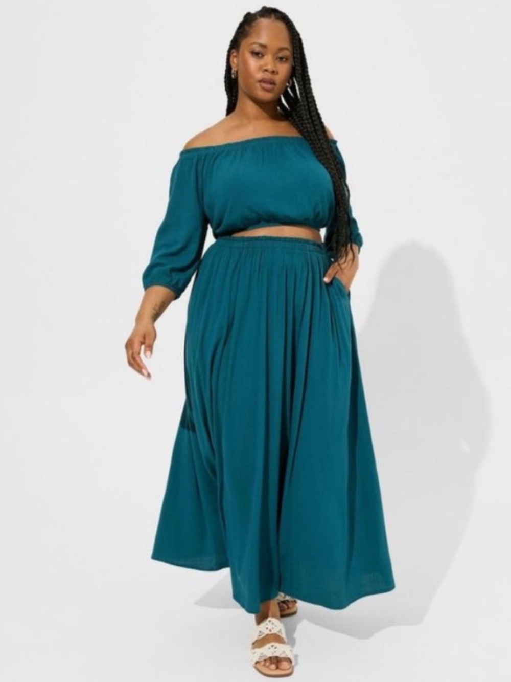 TORRID Teal Two Piece Off The Shoulder Blouse &  Maxi Skirt